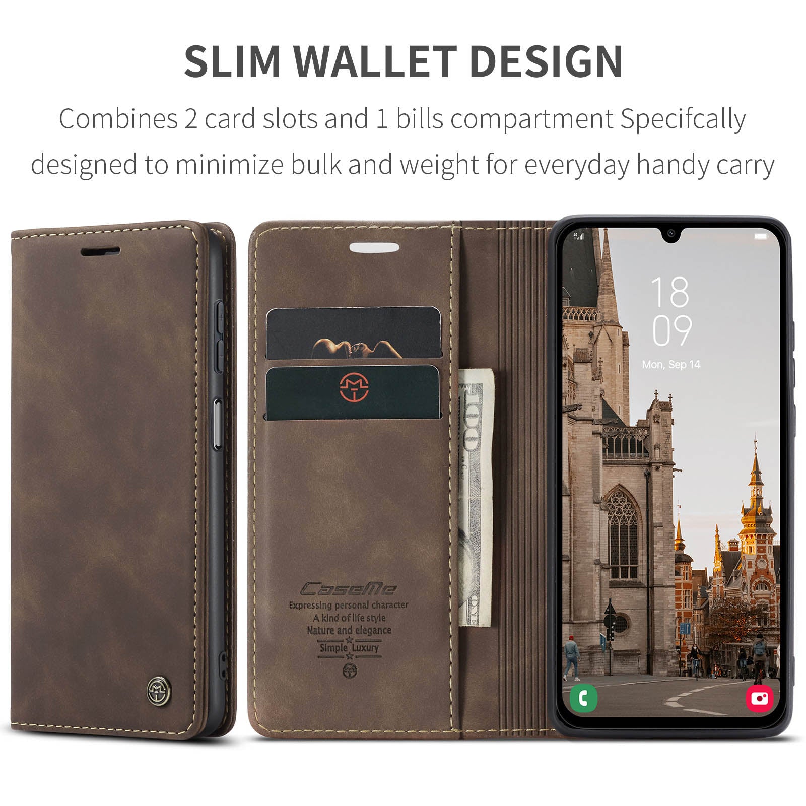 For Samsung Galaxy A16 5G / A16 4G Case CASEME 013 Series Card Holder Stand Leather Phone Cover - Coffee For Samsung Galaxy A16 5G / A16 4G Case CASEME 013 Series Card Holder Stand Leather Phone Cover - Coffee